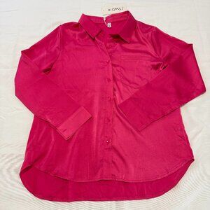 NWT OMSJ Hot Pink Satin Long Sleeve Button Down Shirt M